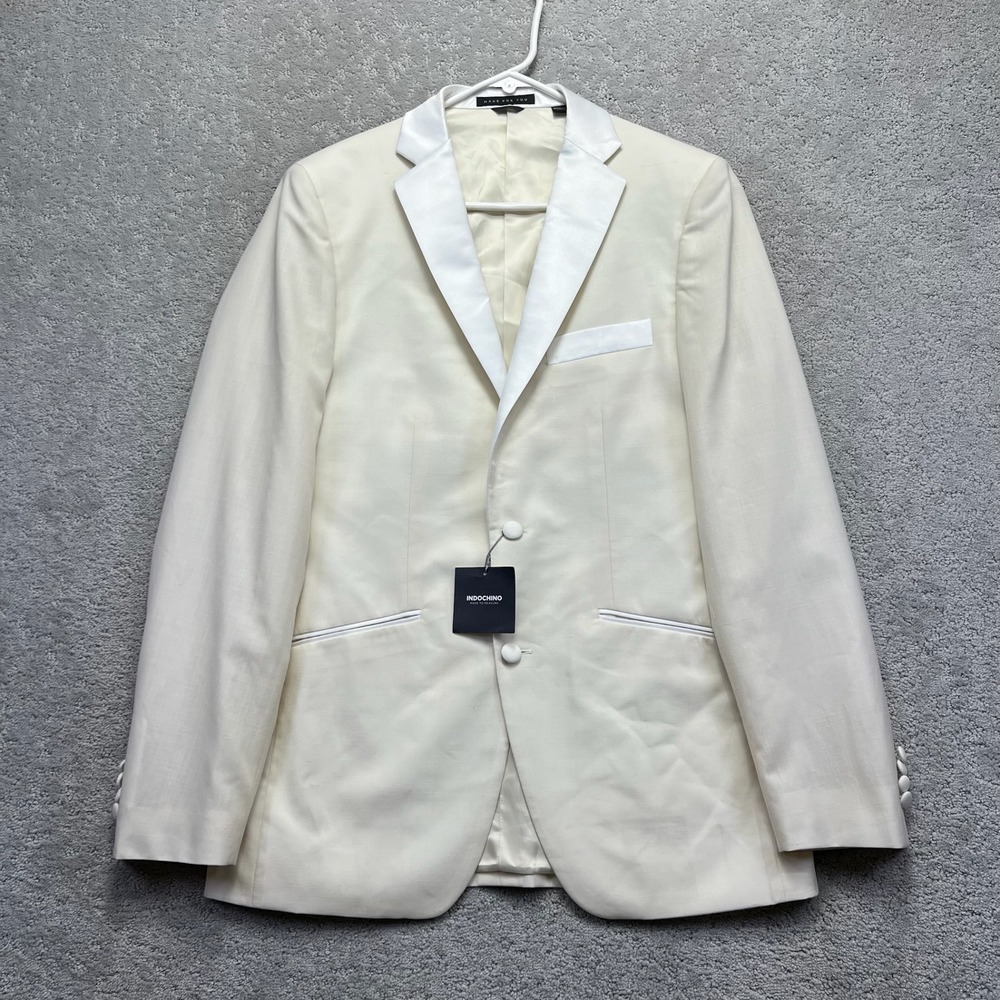 Indochino Tuxedo Blazer Jacket Mens Ivory Wool Linen Blend Satin Lapel NWT